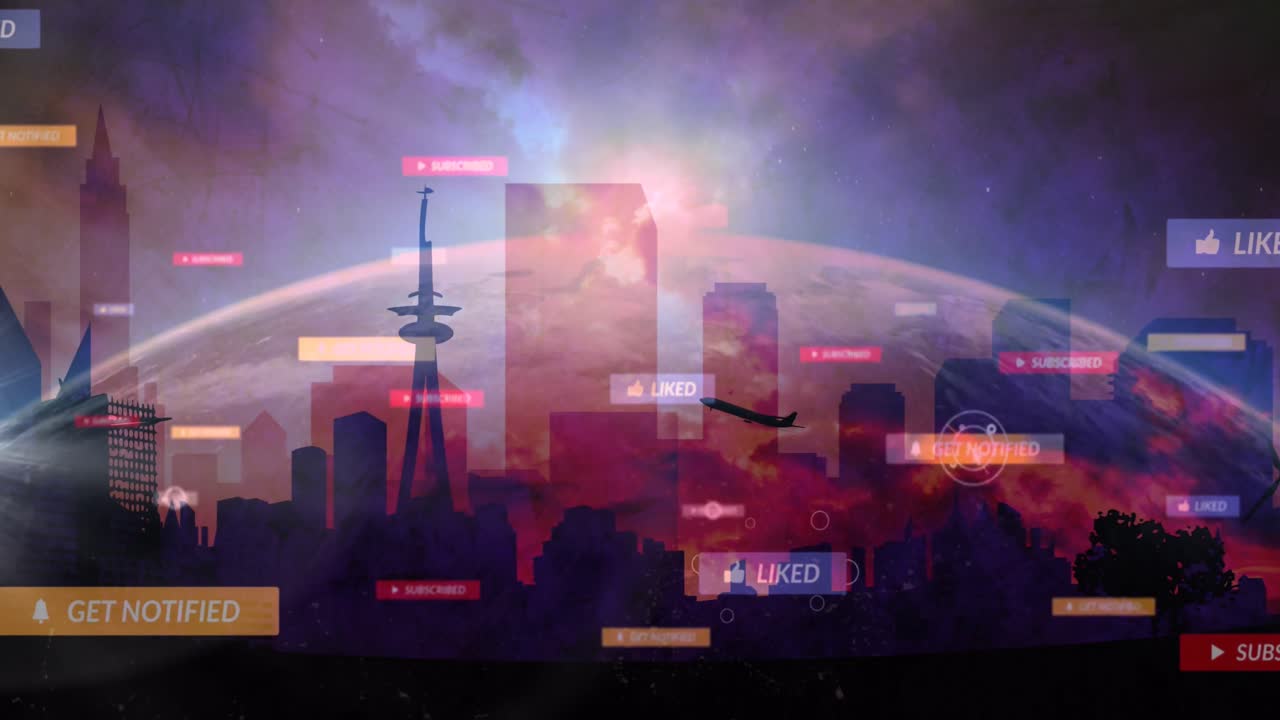 도시 풍경 위에 떨어지는 소셜 미디어 아이콘의 애니메이션