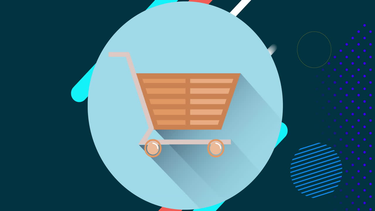 animación del icono del carrito de compras en línea sobre un fondo azul