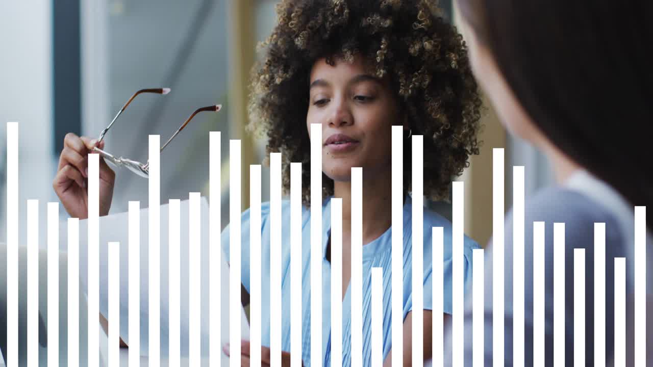 Woman raising glasses, reading, explaining document in office, visualizer obscuring then receding