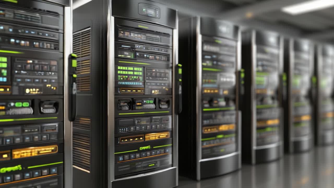 A Close-Up View of High-Tech Server Racks Showcasing Advanced Computing Infrastructure with Illuminated Panels and Sleek Design in a Modern Data Center Environment