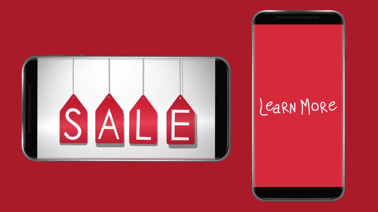 단어 판매의 애니메이션과 두 스마트 폰의 화면에서  ⁇ 박이는 더 많은 것을 배우십시오