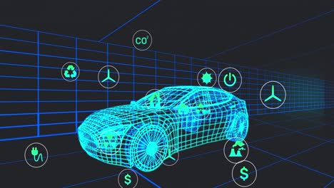 animación de múltiples iconos digitales flotando sobre un modelo de coche 3d que se mueve en un patrón sin costuras en un túnel