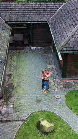 loving romantic couple in village. young cheerful couple in romantic autumn landscape