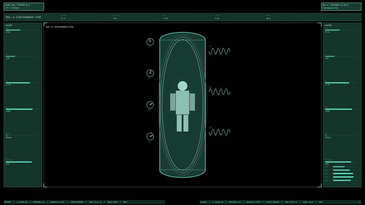 Ett turkosfärgat sci-fi medicinskt gränssnitt som visar vitala tecken i realtid och statusparametrar för inneslutningskapsel med uppdaterande data och vågformer. Loopar sömlöst med en transparent bakgrund