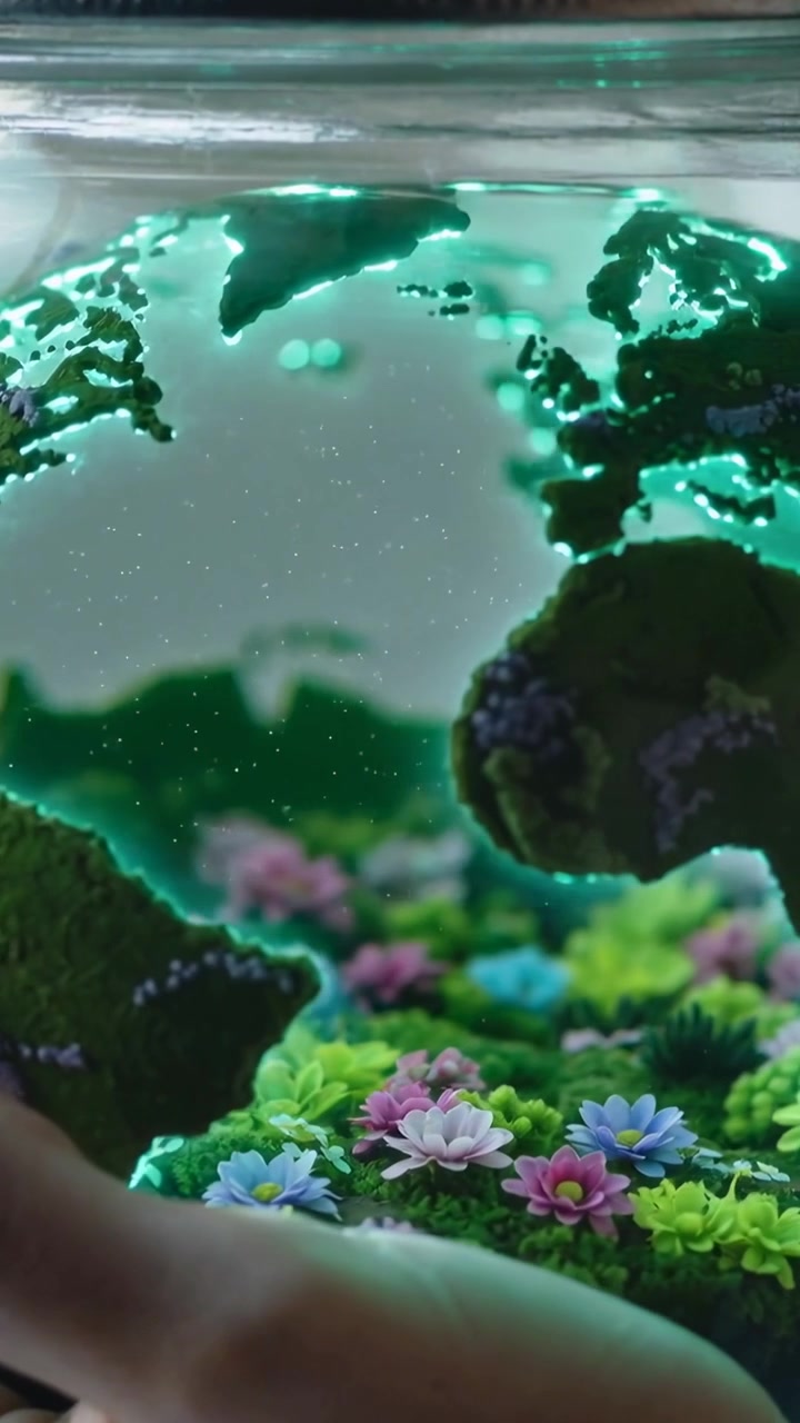Video verticale: Terrario di vetro che viene girato a mano su un tavolo, rivelando una mappa luminosa, muschio e fiori.