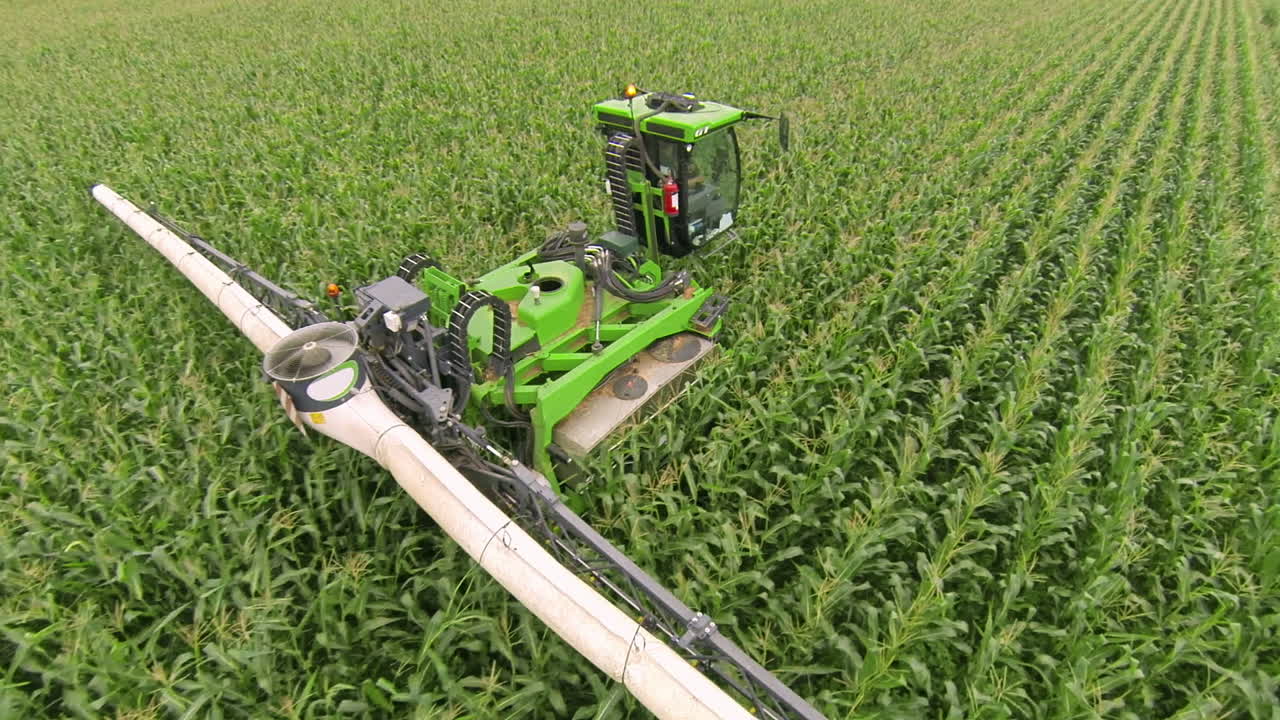 pulverizador moviéndose a través del campo de maíz, aplicando protección de cultivos