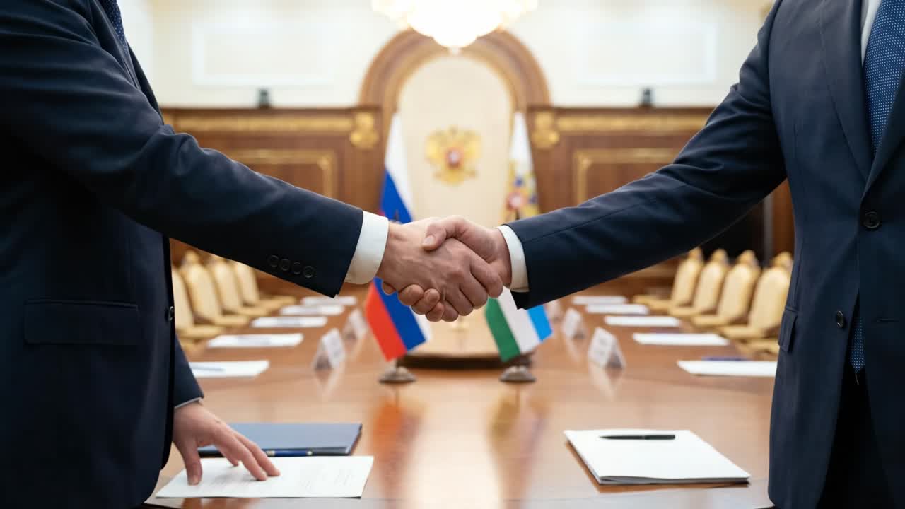 Businessmen Shaking Hands in Formal Meeting Room with Flags