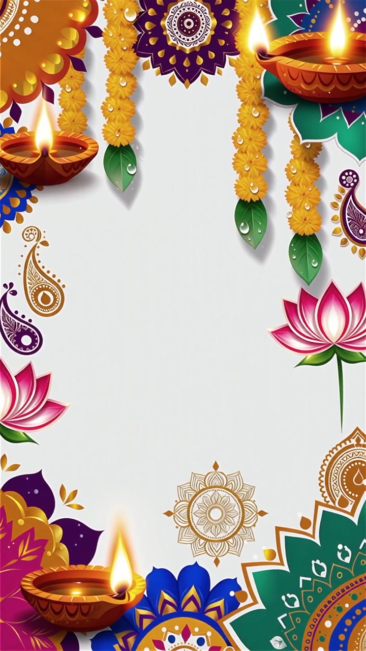 Sfondo Diwali con Diyas luminosi, Rangoli e fiori di loto