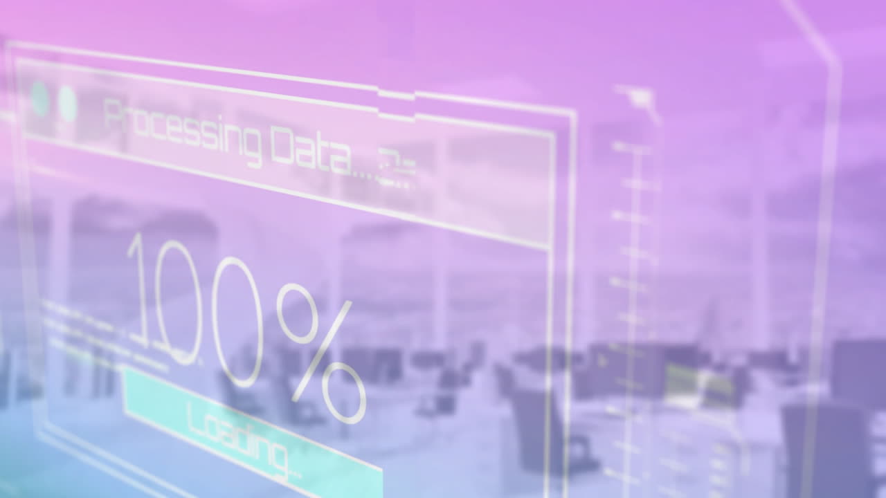 오피스 워크스페이스에서 작업하는 사람들과 함께 데이터 애니메이션을 처리하는 것