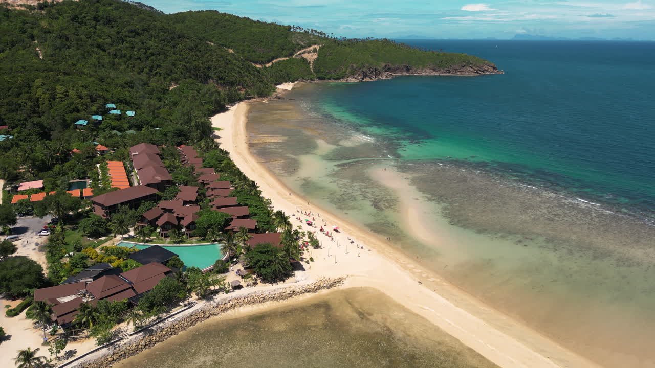 Aerial circling Haad yao beach on sunny day, Koh phangan, Thailand