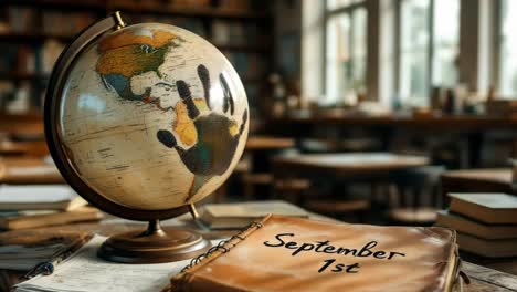vintage globe with handprint and september 1st journal in a library