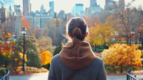 a woman standing in the middle of a park looking at the city