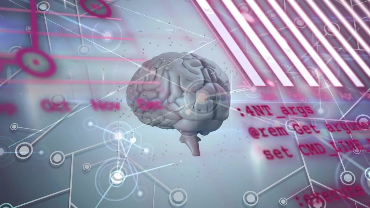 Animation of network of connections and statistical data processing over spinning human brain icon