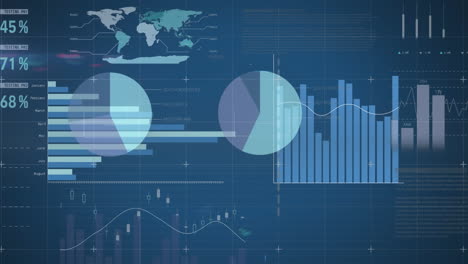 animación del procesamiento de datos estadísticos a través de la red de red contra un fondo azul