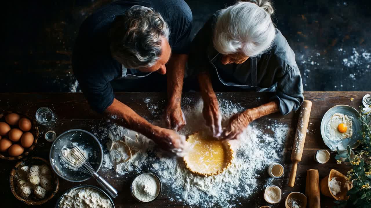 A Heartwarming Culinary Moment: Two Generations Collaborate in Making a Delicious Pie with Flour, Eggs, and Love in a Cozy Kitchen Setting, Capturing the Essence of Togetherness