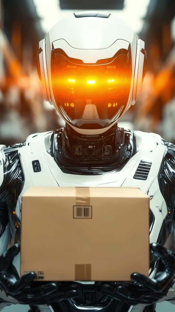 Robot delivers in warehouse. A humanoid robot stands in a storage area holding a package, surrounded by shelves filled with boxes.