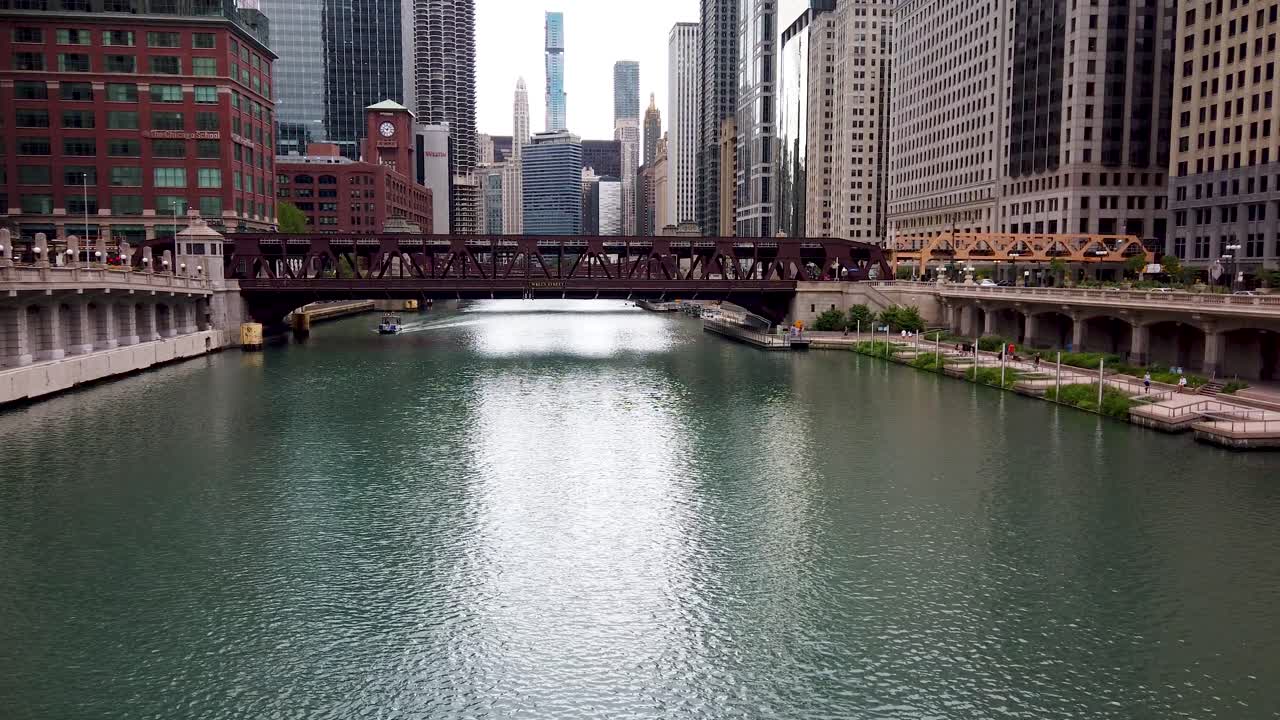 Downtown City River Walking Across Bridge