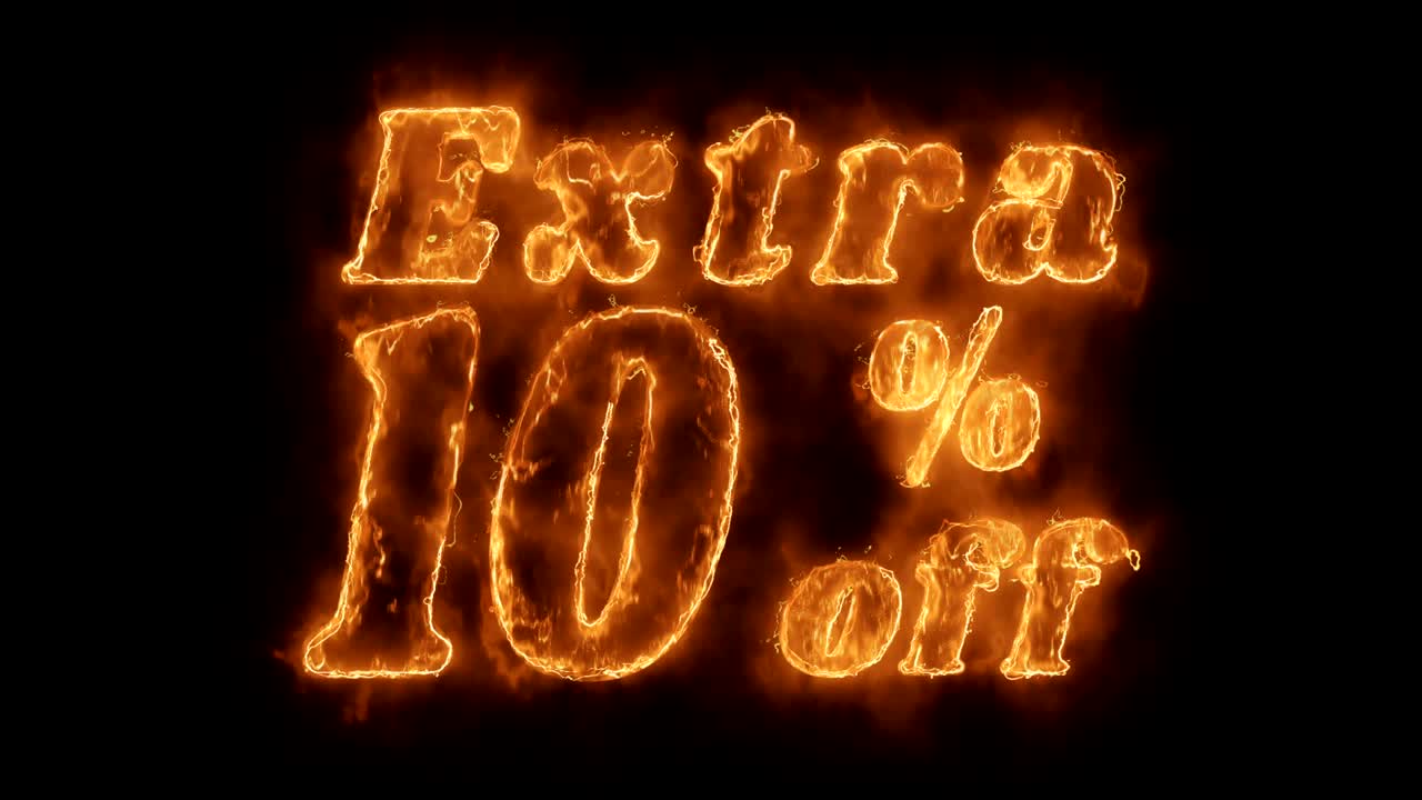 Extra 10% Percent off Word Hot Animated Burning Realistic Fire Flame Loop.