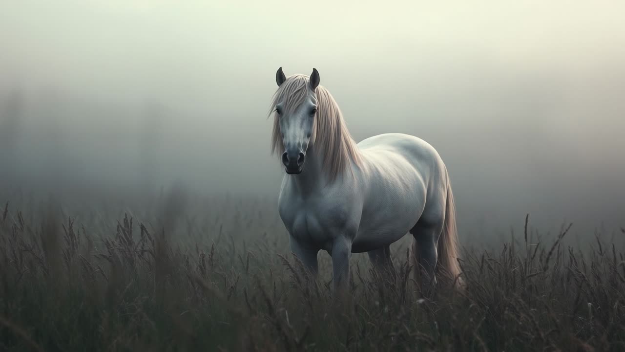 Lifting dense fog revealing white horse shifting weight in misty tall grass, holding alert posture