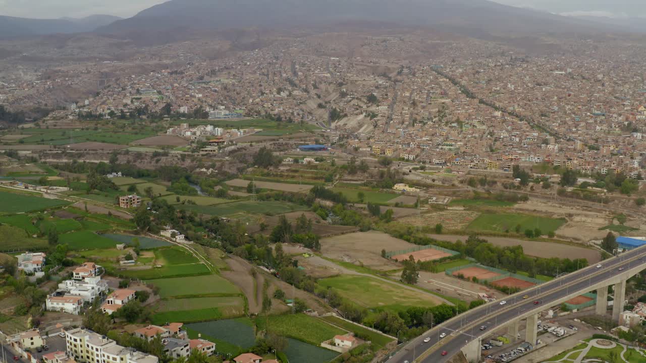 Aerial of Misti volcano over Arequipa, Peru near sunset.