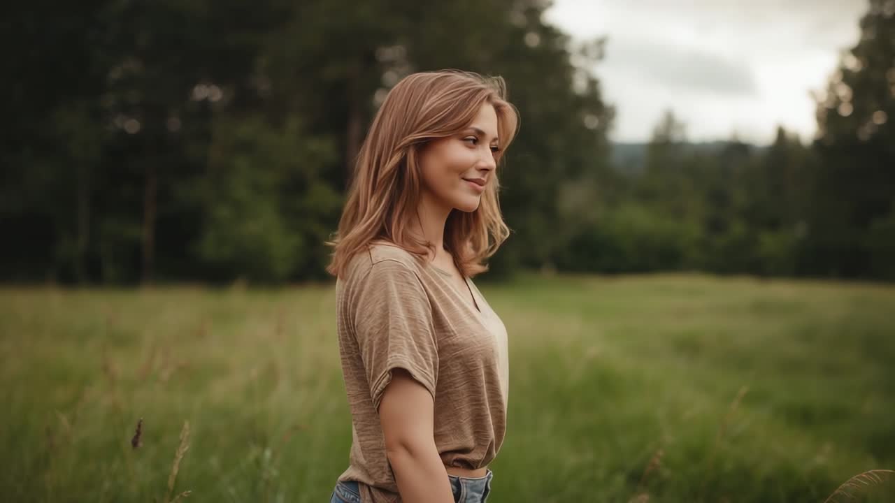 En kvinde i beige T-shirt og blå jeans drejer sig til højre profil midt i højt græs, med trægrænsen i baggrunden.