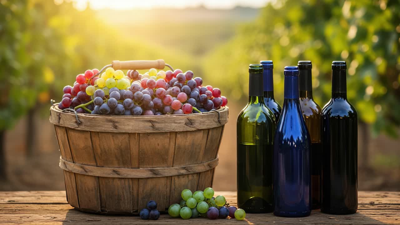 Una vivace collezione di uva appena raccolta in un cesto di legno rustico, circondata da bottiglie di vino scintillanti in un pittoresco scenario di vigneto.