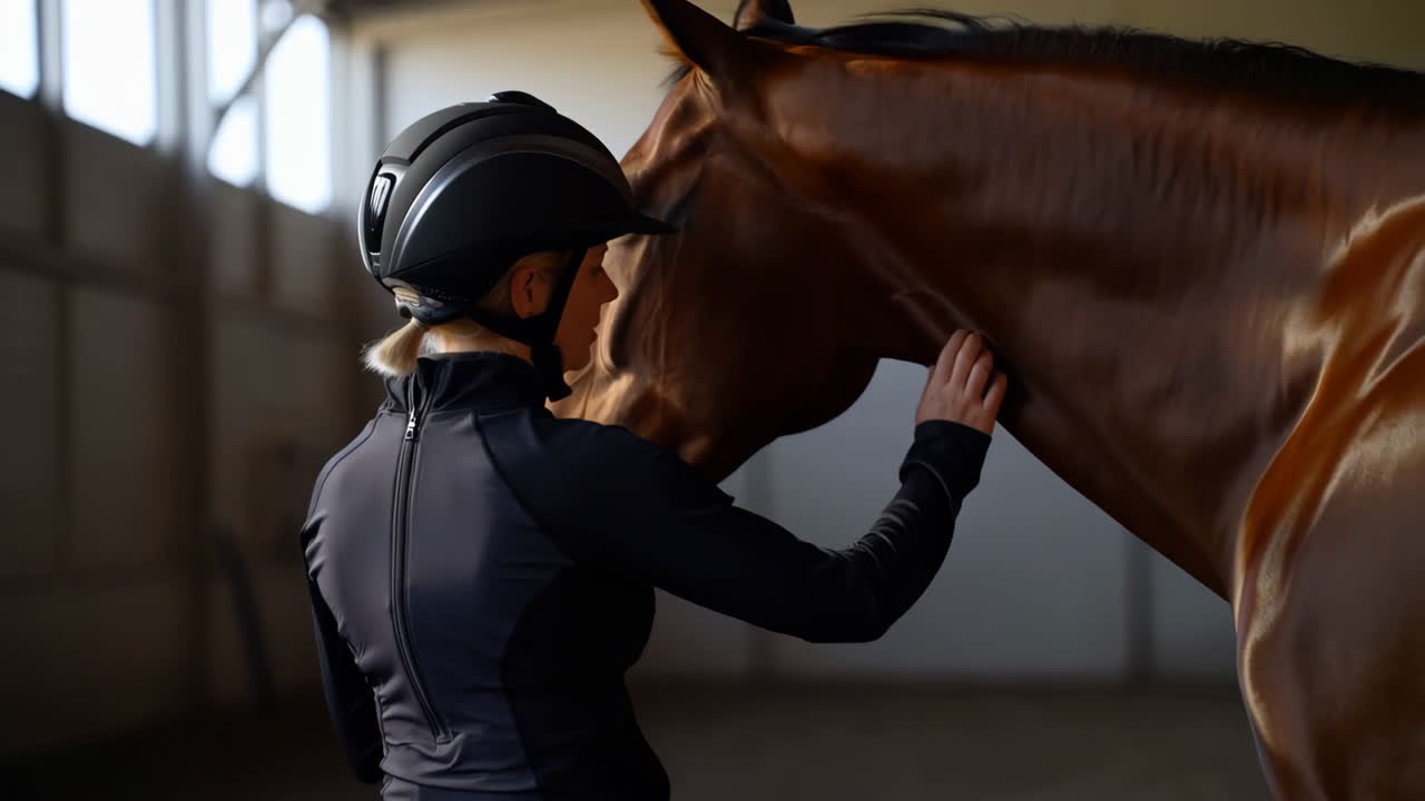 A rider interacting with her horse in an indoor arena