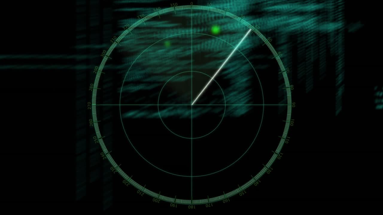 Scan line starting sweep over radar grid while pulsing blip streaming code showing data detection