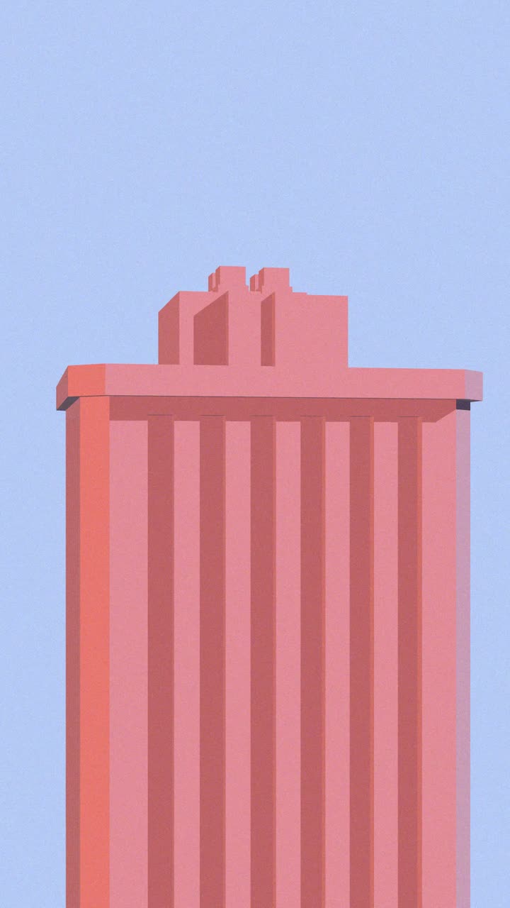 Edifício geométrico rosa com sombras dinâmicas em um céu azul
