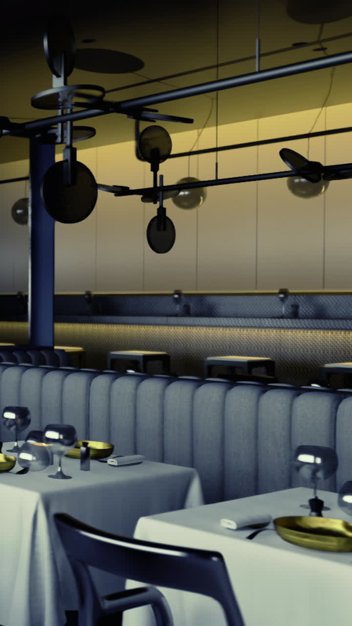 Interno di ristorante moderno con tavoli apparecchiati per la cena durante le ore serali.