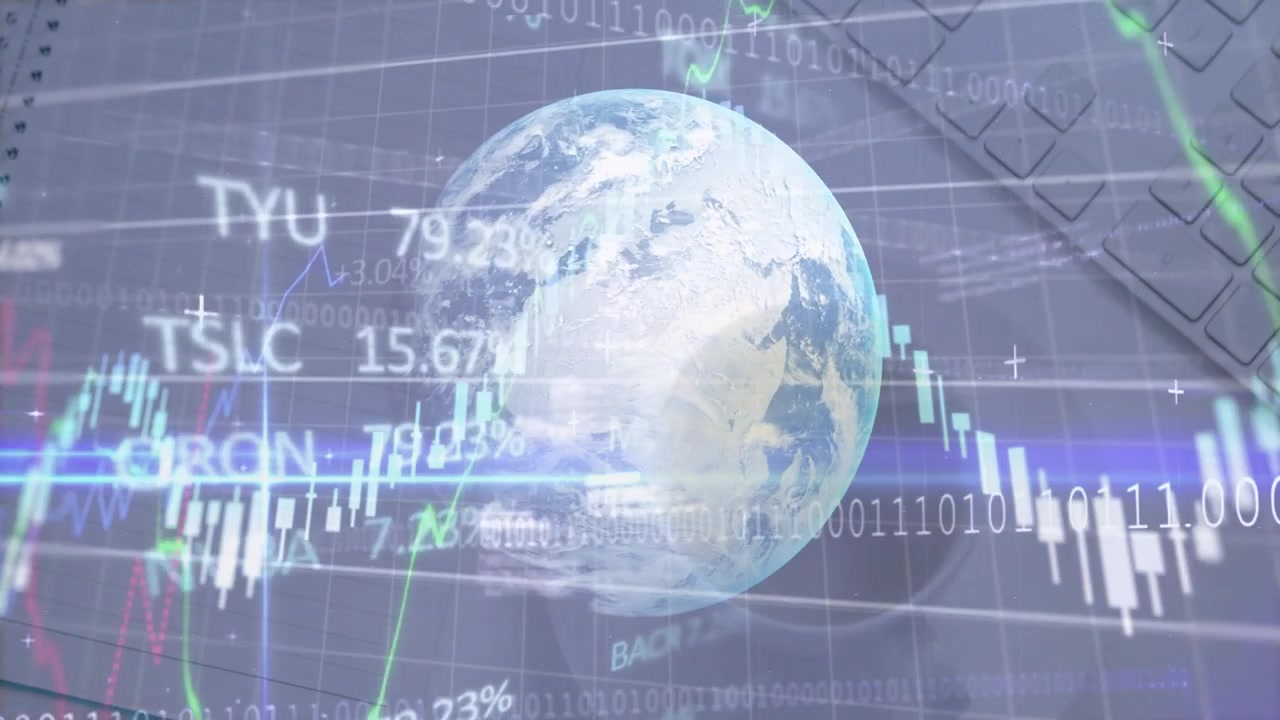Barras de luz mostrando gráficos holográficos del globo animándose y ascendiendo, representando el mercado global sobre un escritorio.
