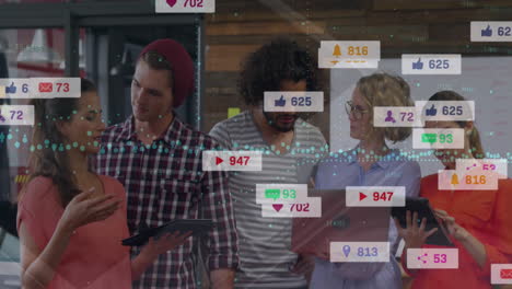 animation of notification bars and graphs over diverse coworkers sharing ideas in office