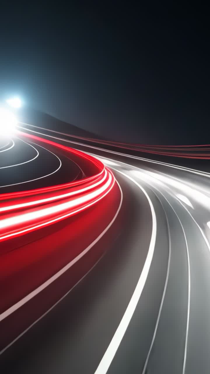 Vertical video: Car navigating rural curve at night, forming red white light streaks