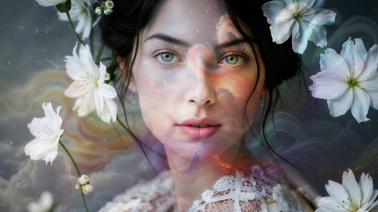 Ritratto etereo di donna con effetti floreali e di luce