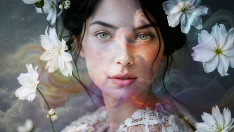 ethereal woman portrait with floral and light effects