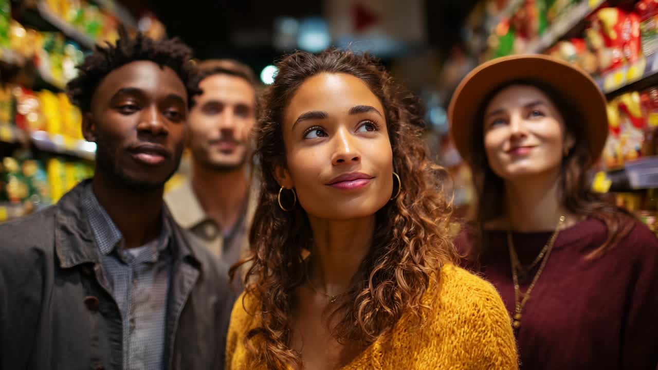 A group of four diverse young adults in a grocery store, showcasing varied emotions and styles. The atmosphere reflects a sense of camaraderie and exploration in an everyday shopping environment