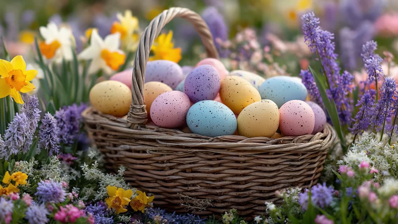 A Vibrant Easter Basket Overflowing with Colorful Painted Eggs Surrounded by Blooming Flowers in a Lush Garden Setting Perfect for Celebrating Springtime Joy