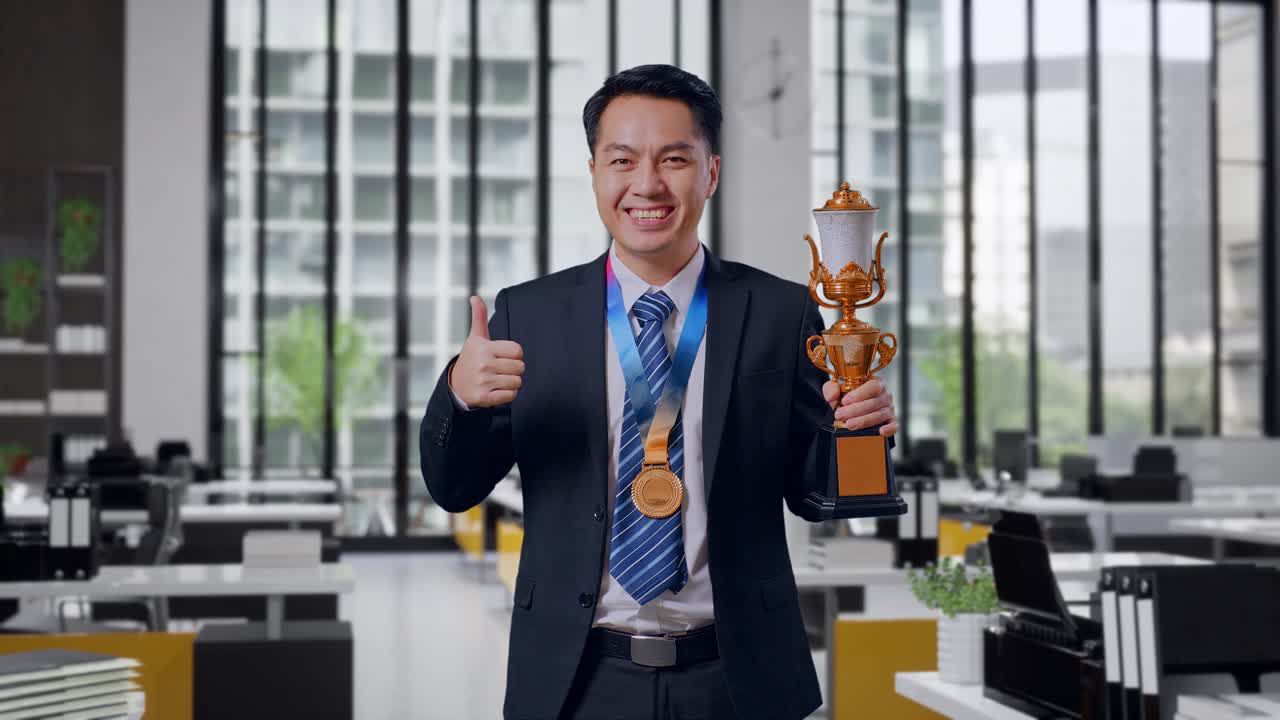 Businessman Celebrating Success with a Trophy