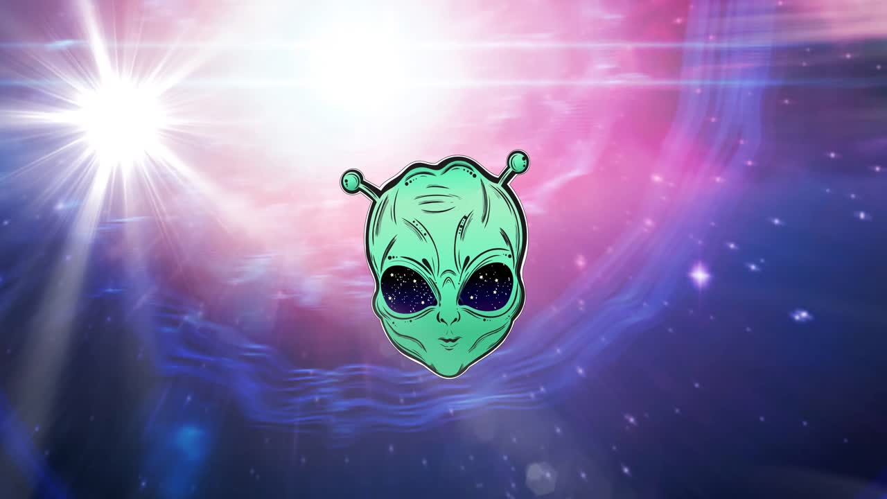 Animation of green alien on glowing white spot and stars on pink and purple light trails in universe