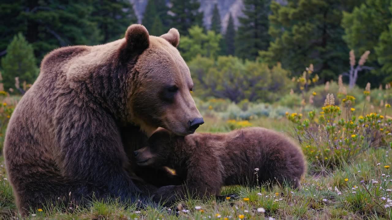 Mother bear nurturing cub and bonding together as a family in the wild, video