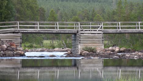 viejo puente de troncos de madera sobre el pequeño río uno