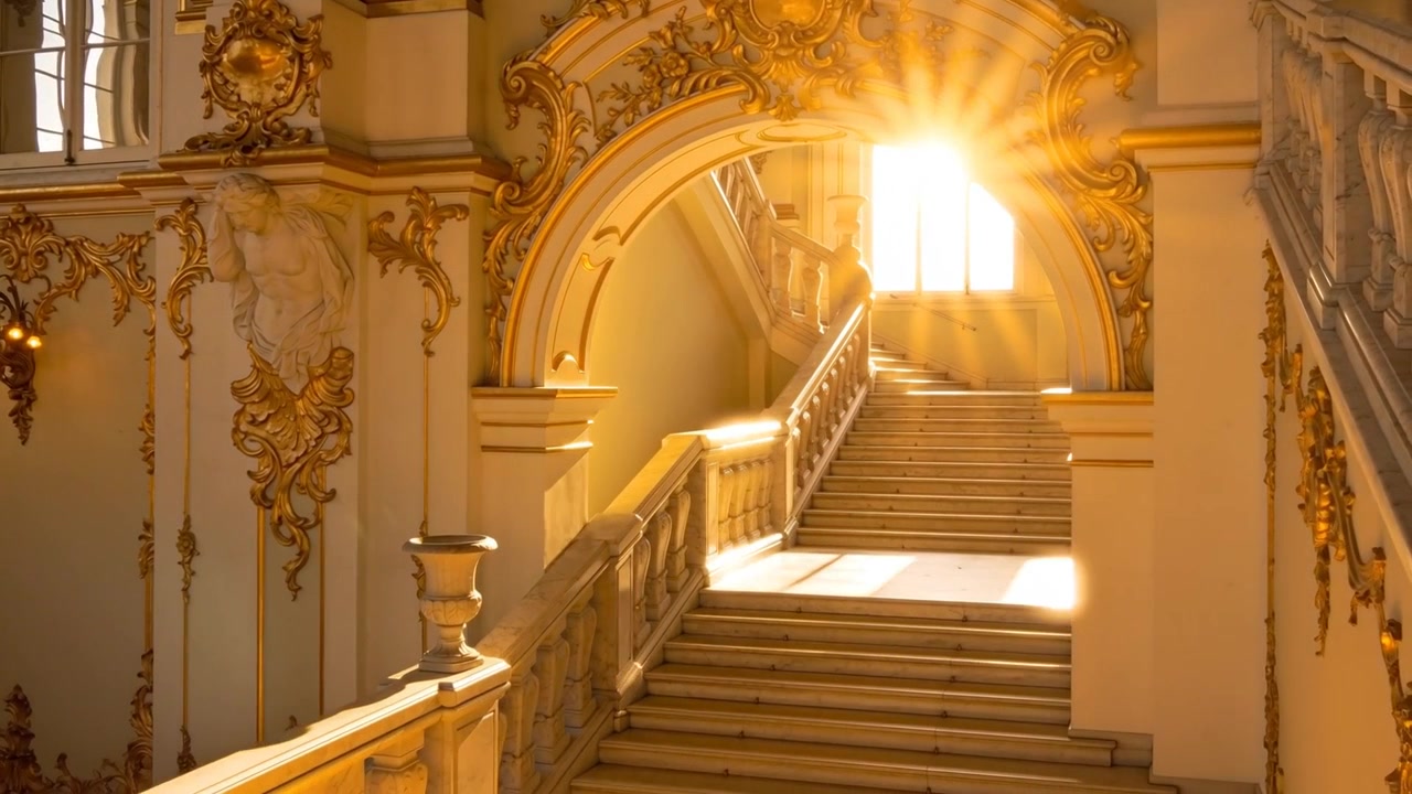 Raggi di sole che filtrano da una finestra alta creando un bagliore che scende lungo una scalinata in un palazzo, mostrando un'urna dorata.
