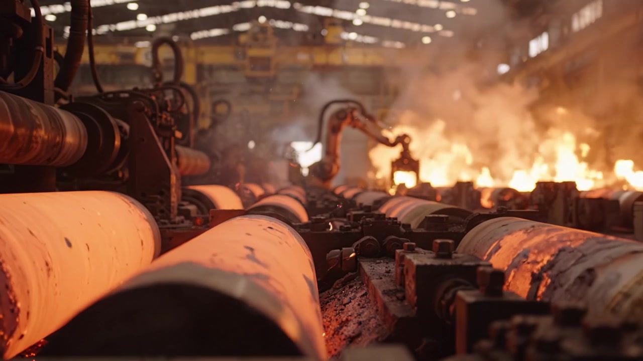 Industrial Foundry Process: Hot Metal Flow and Robotic Arms in Operations with Flames and Machinery in a Heavy Manufacturing Environment