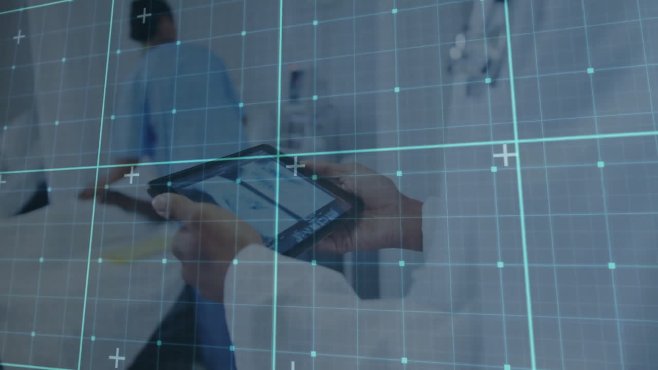 의료 전문가가 그리드 및 데이터 포인트 애니메이션을 통해 태블릿 장치를 사용합니다.