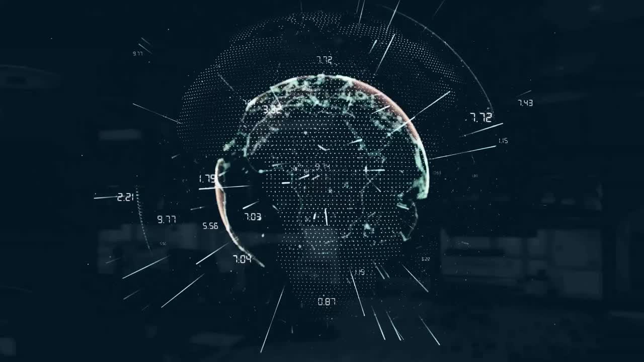 Animation of globe with network of connections and data processing on dark blue background