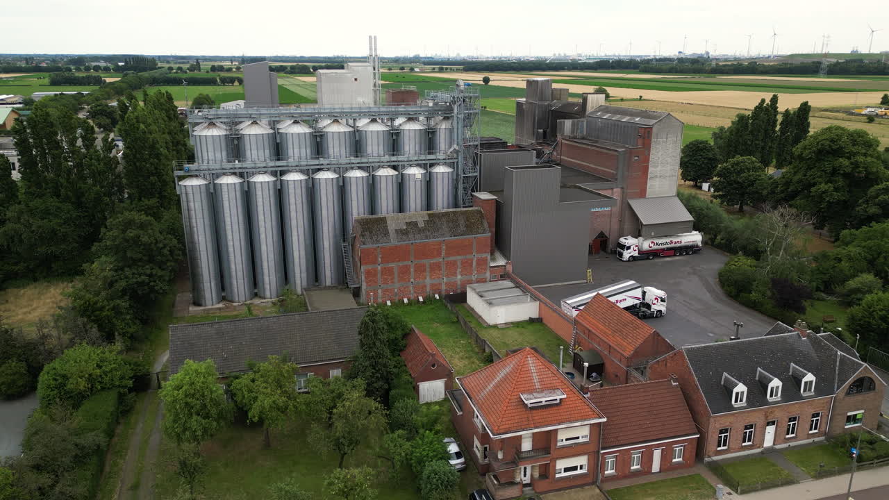 Rural town with massive new grain silos, aerial view