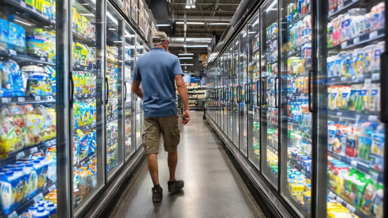 A Shopper's Journey Through a Colorful Aisle of Refrigerated Products, Capturing the Vibrant Selection in a Modern Supermarket Environment