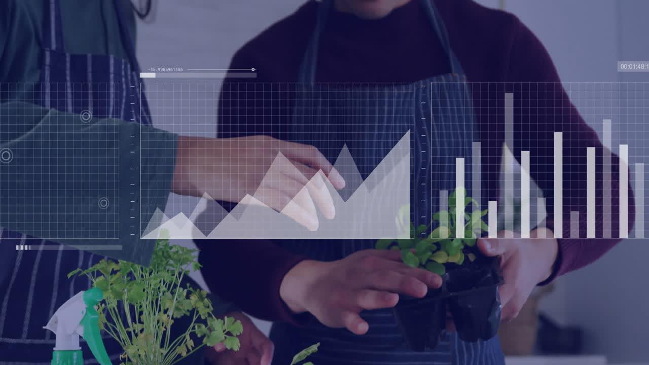 Tending plants, people with animation data graphs overlaying their actions