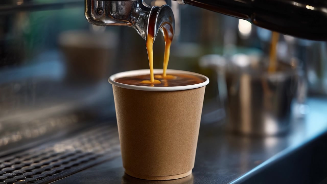 Café Fresco Sendo Derramado em um Copo de Papel de uma Máquina de Café Expresso, Capturando o Aroma Rico e o Calor de uma Xícara Perfeita de Prazer Matinal