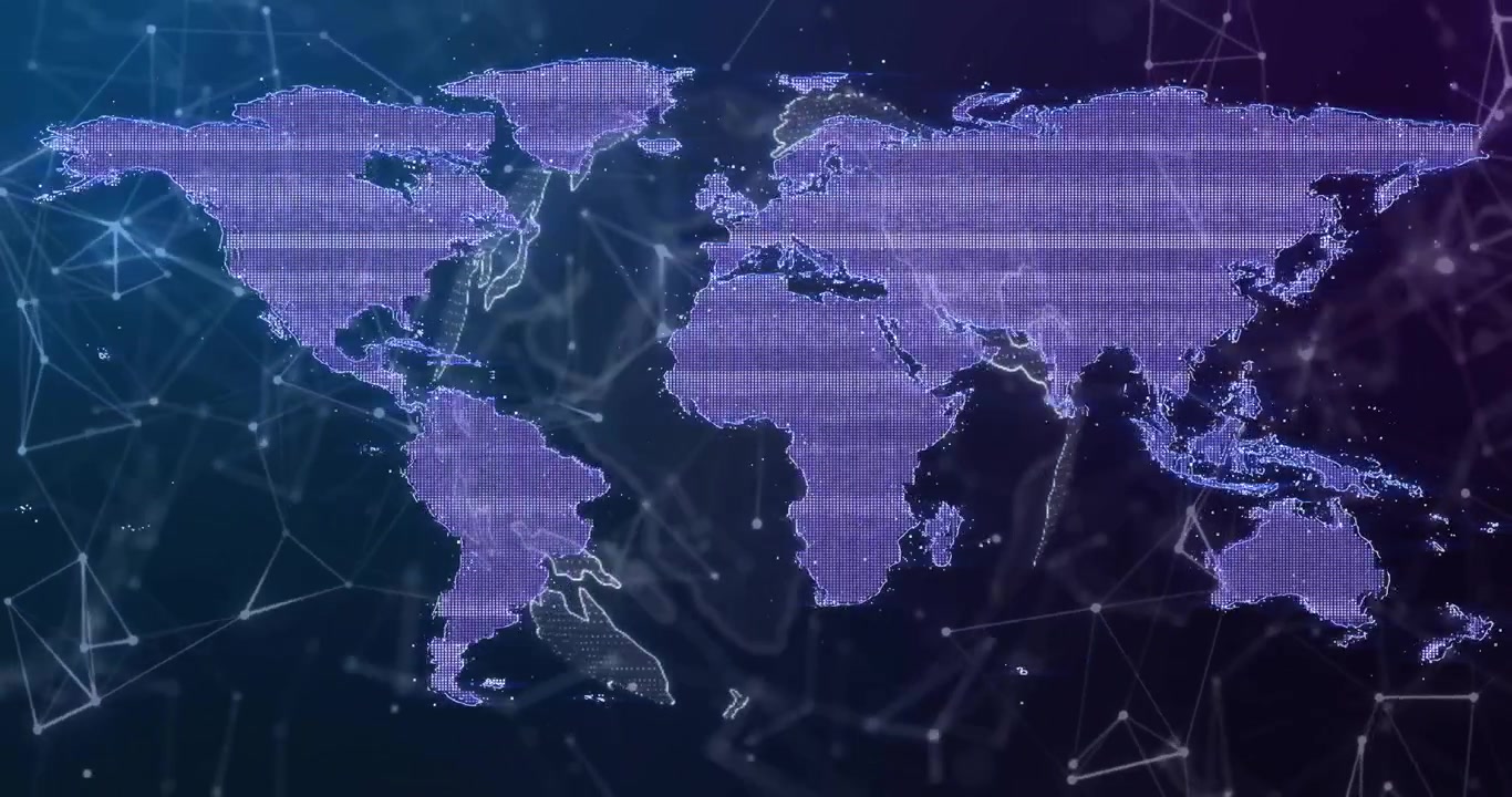 Opening networked world map fading and scanning outline over Americas sweeping east then dissolving